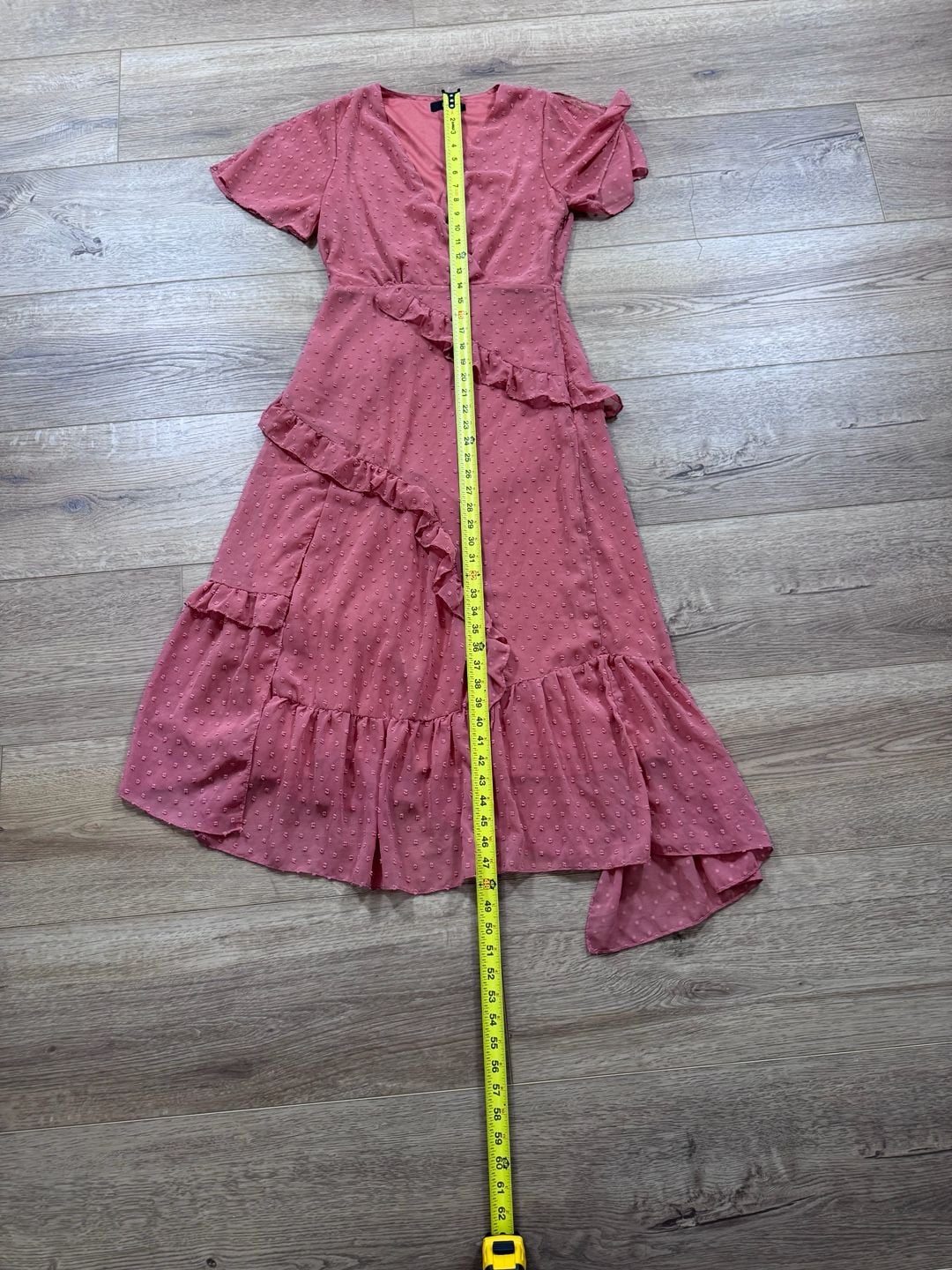 Lulus Dale Rose Pink Swiss Dot Ruffle Asymmetrical Midi Dress Size M
9