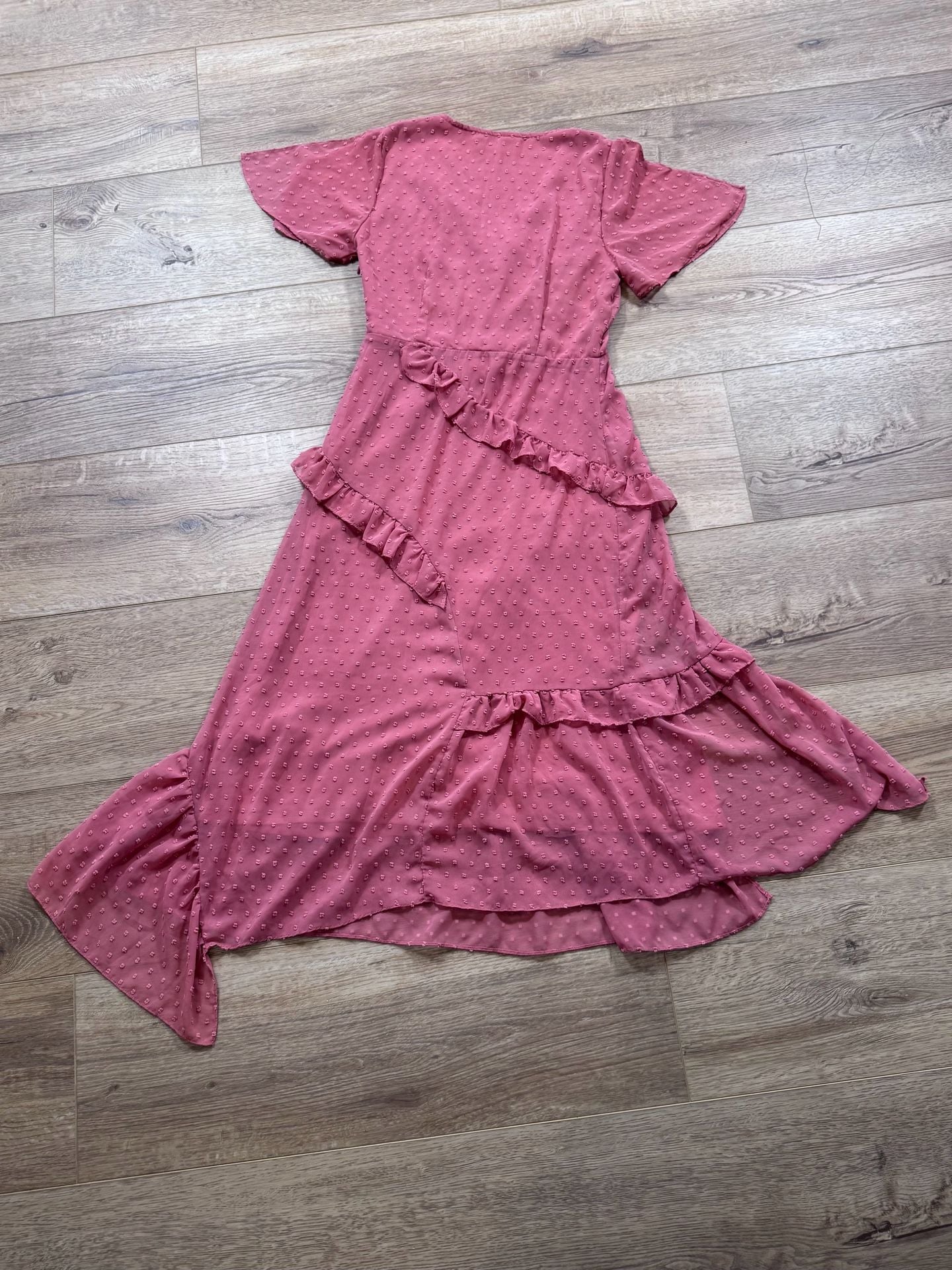 Lulus Dale Rose Pink Swiss Dot Ruffle Asymmetrical Midi Dress Size M
12