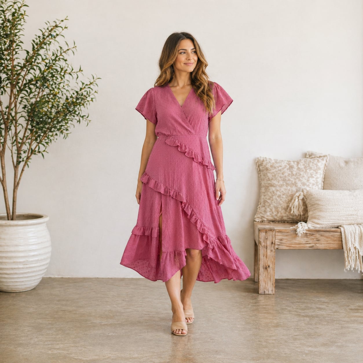 Lulus Dale Rose Pink Swiss Dot Ruffle Asymmetrical Midi Dress Size M
3