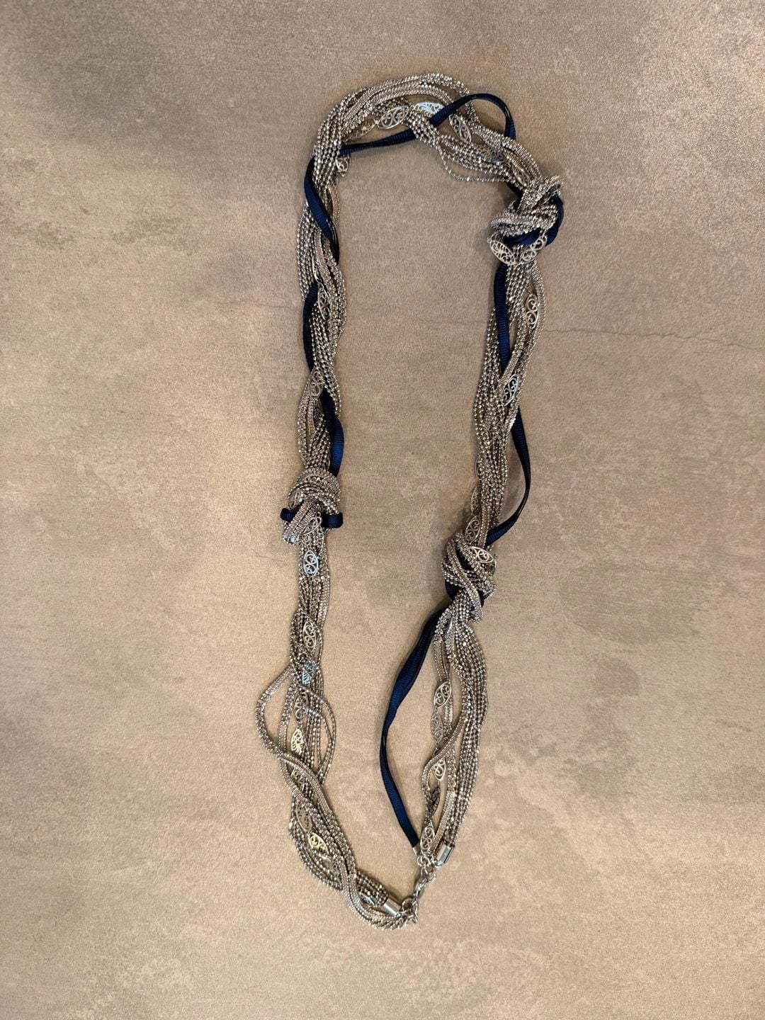 Silver Tone Multi-Strand Knot Necklace with Navy Ribbon Accent 2