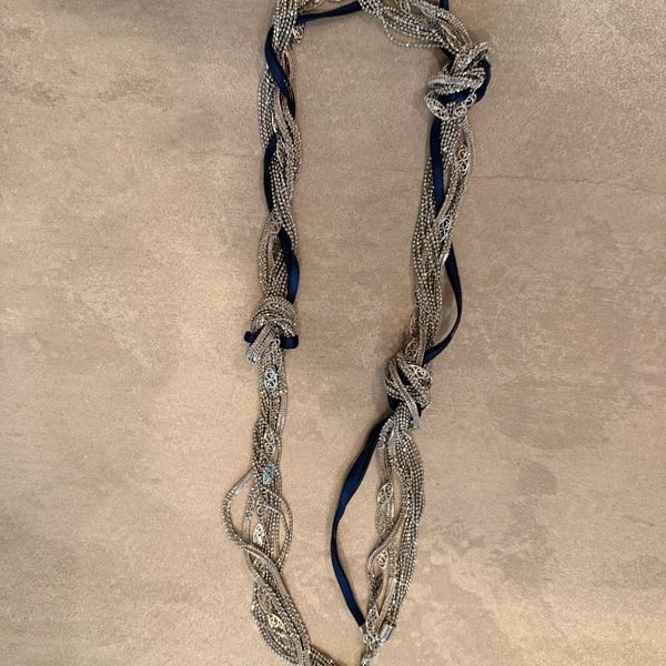 Silver Tone Multi-Strand Knot Necklace with Navy Ribbon Accent