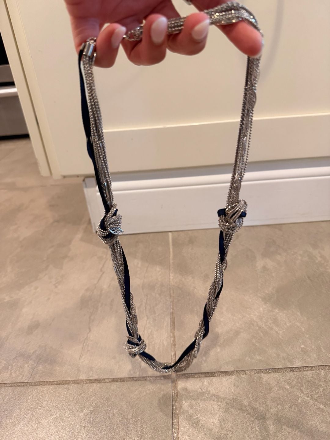 Silver Tone Multi-Strand Knot Necklace with Navy Ribbon Accent 4