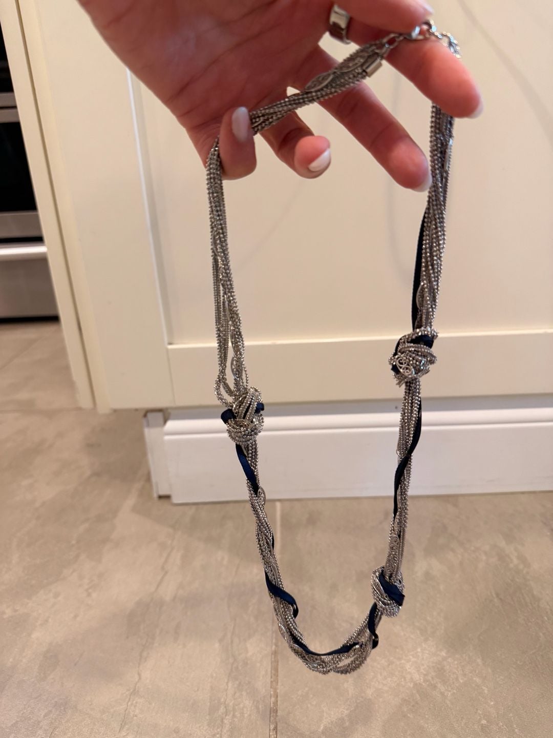 Silver Tone Multi-Strand Knot Necklace with Navy Ribbon Accent 5