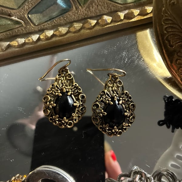 Barse Bronze-Tone Filigree Onyx Teardrop Dangle Earrings