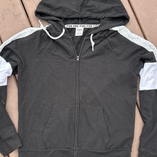 Victoria's Secret PINK Perfect Full-Zip Hoodie Black with Colorblock Sleeves