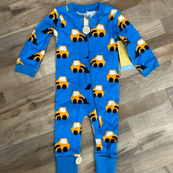 Monica + Andy Organic Cotton Two-Way Zip Romper in Construction Trucks