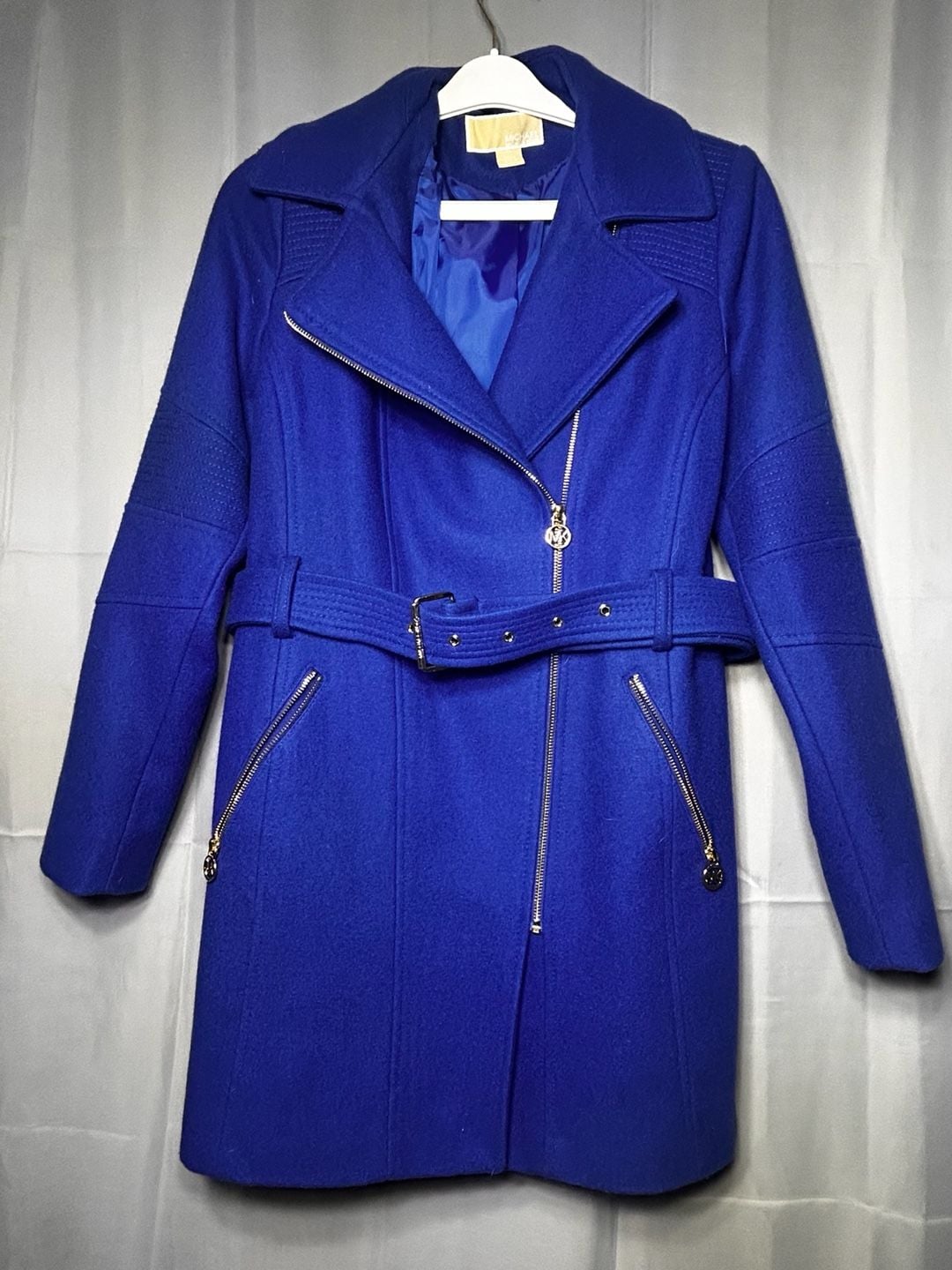 Michael Kors Royal Blue Wool Blend Asymmetrical Zip Belted Moto Coat 2