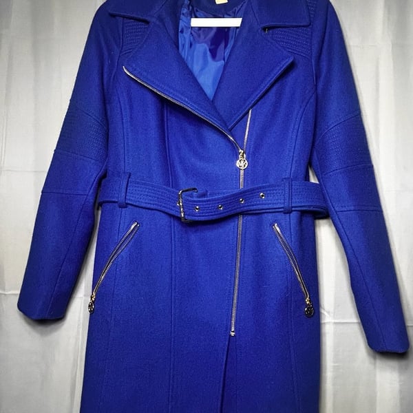 Michael Kors Royal Blue Wool Blend Asymmetrical Zip Belted Moto Coat