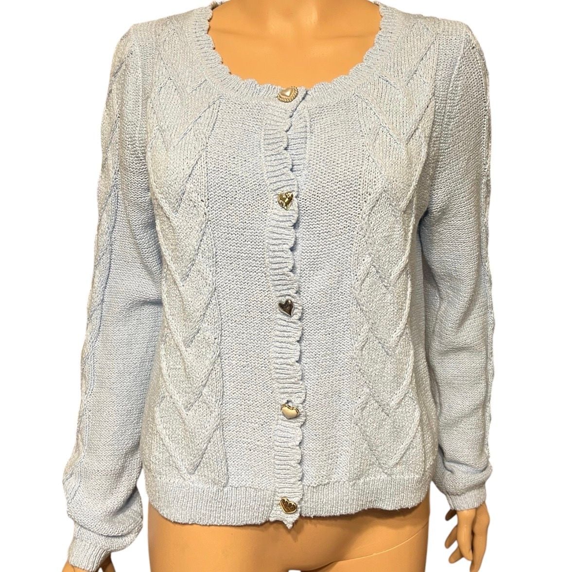 Wild Fable Blue Cable Knit Cardigan with Heart Buttons 2