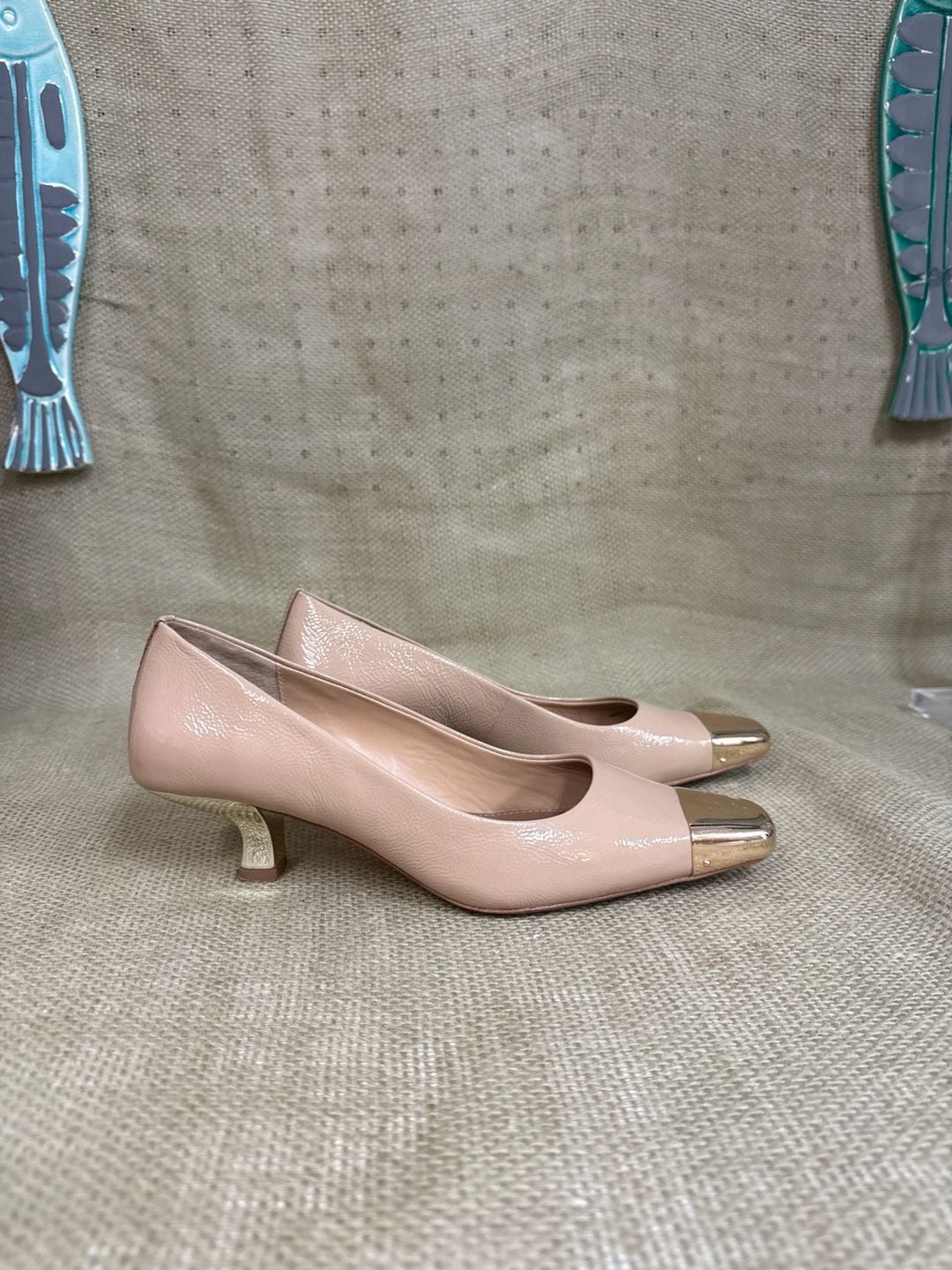 Donald Pliner Nude Patent Leather Metal Cap Toe Kitten Heels 3