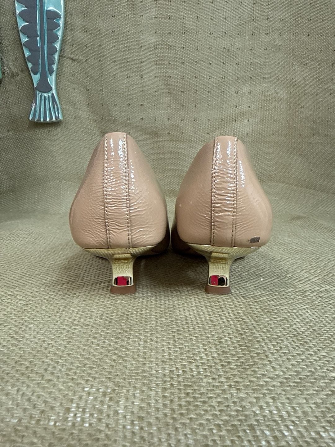Donald Pliner Nude Patent Leather Metal Cap Toe Kitten Heels 4