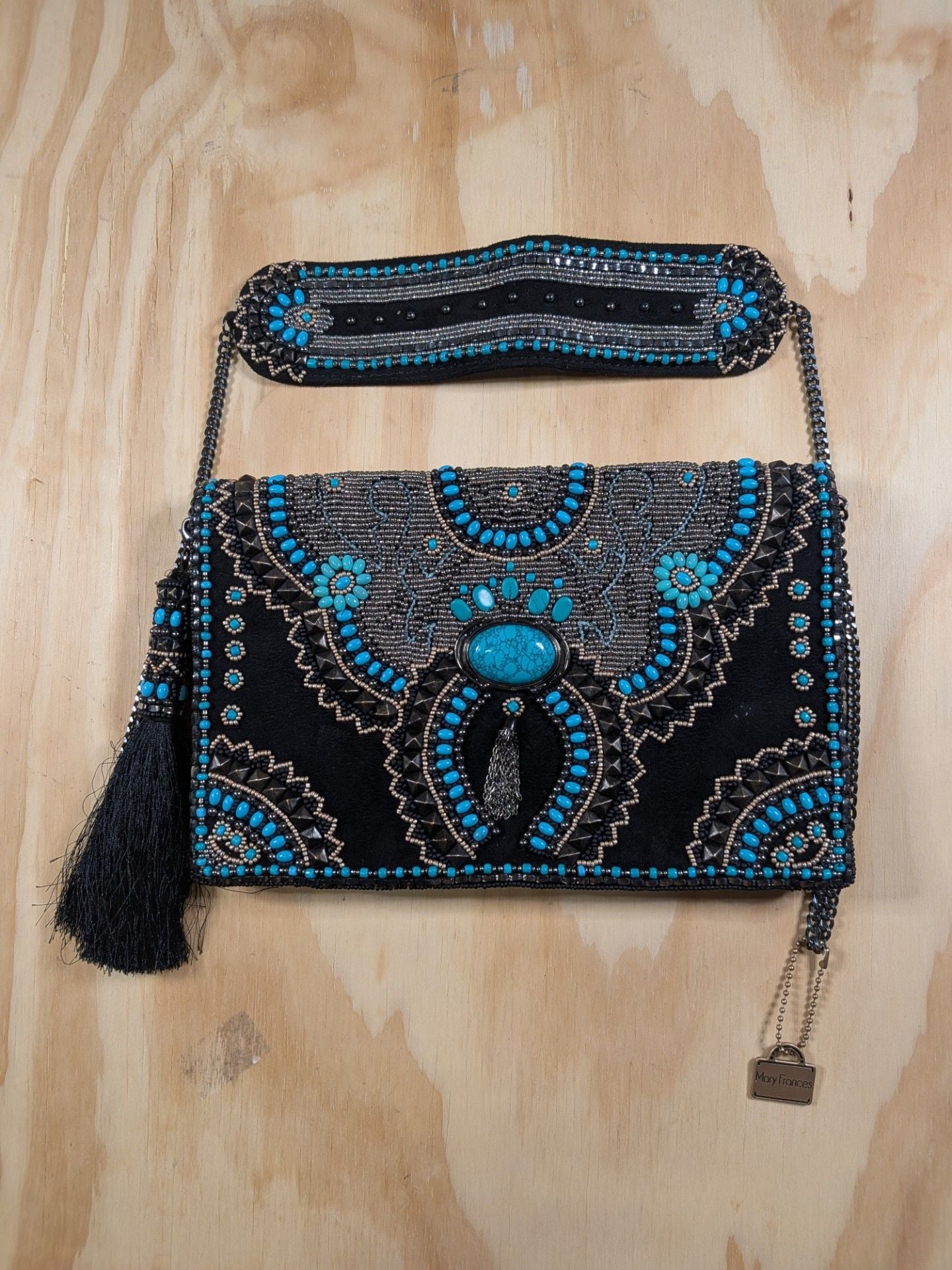 Mary Frances Bohemian Rhapsody Beaded Turquoise Crossbody Bag 1