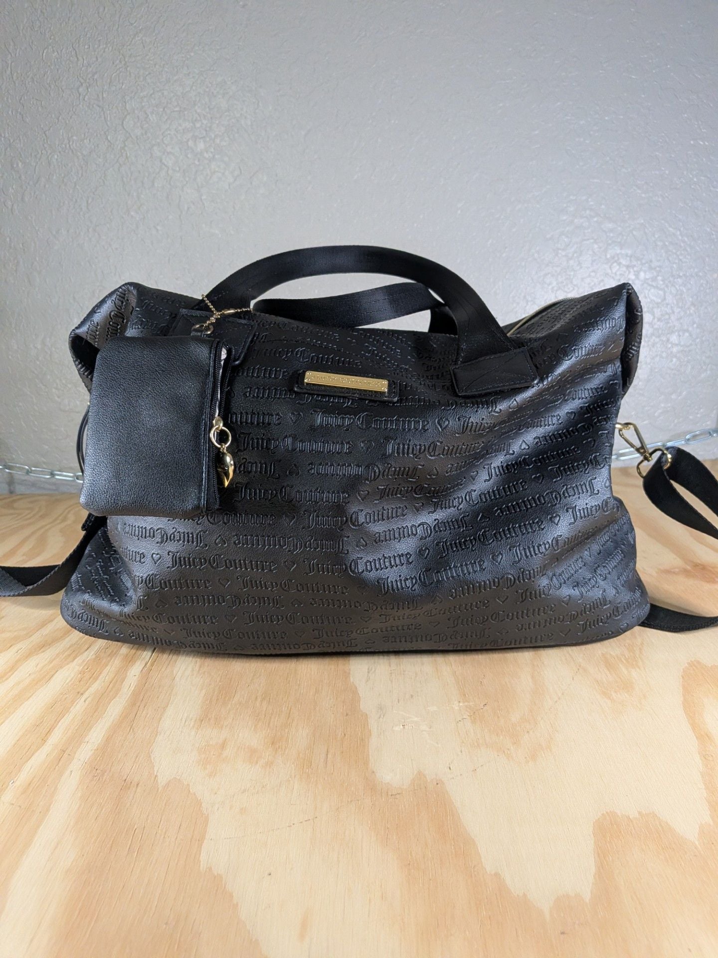 Juicy Couture Gothic Monogram Embossed Black Duffle Weekender Bag with Pouch 2