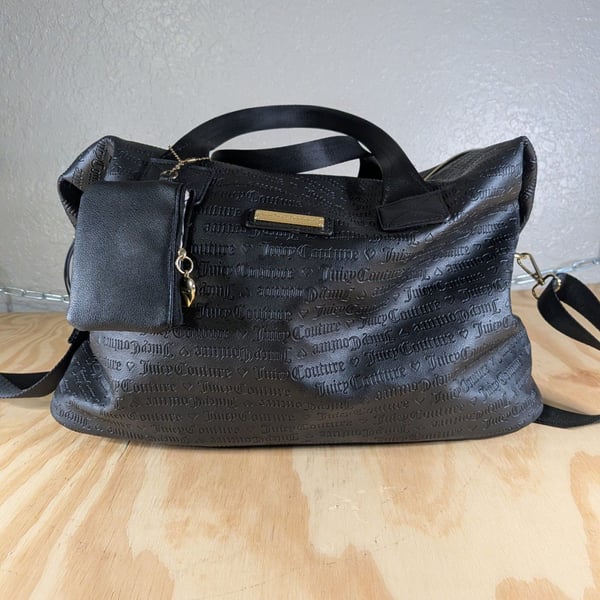 Juicy Couture Gothic Monogram Embossed Black Duffle Weekender Bag with Pouch