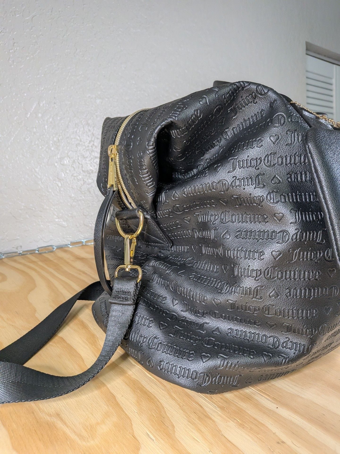 Juicy Couture Gothic Monogram Embossed Black Duffle Weekender Bag with Pouch 4