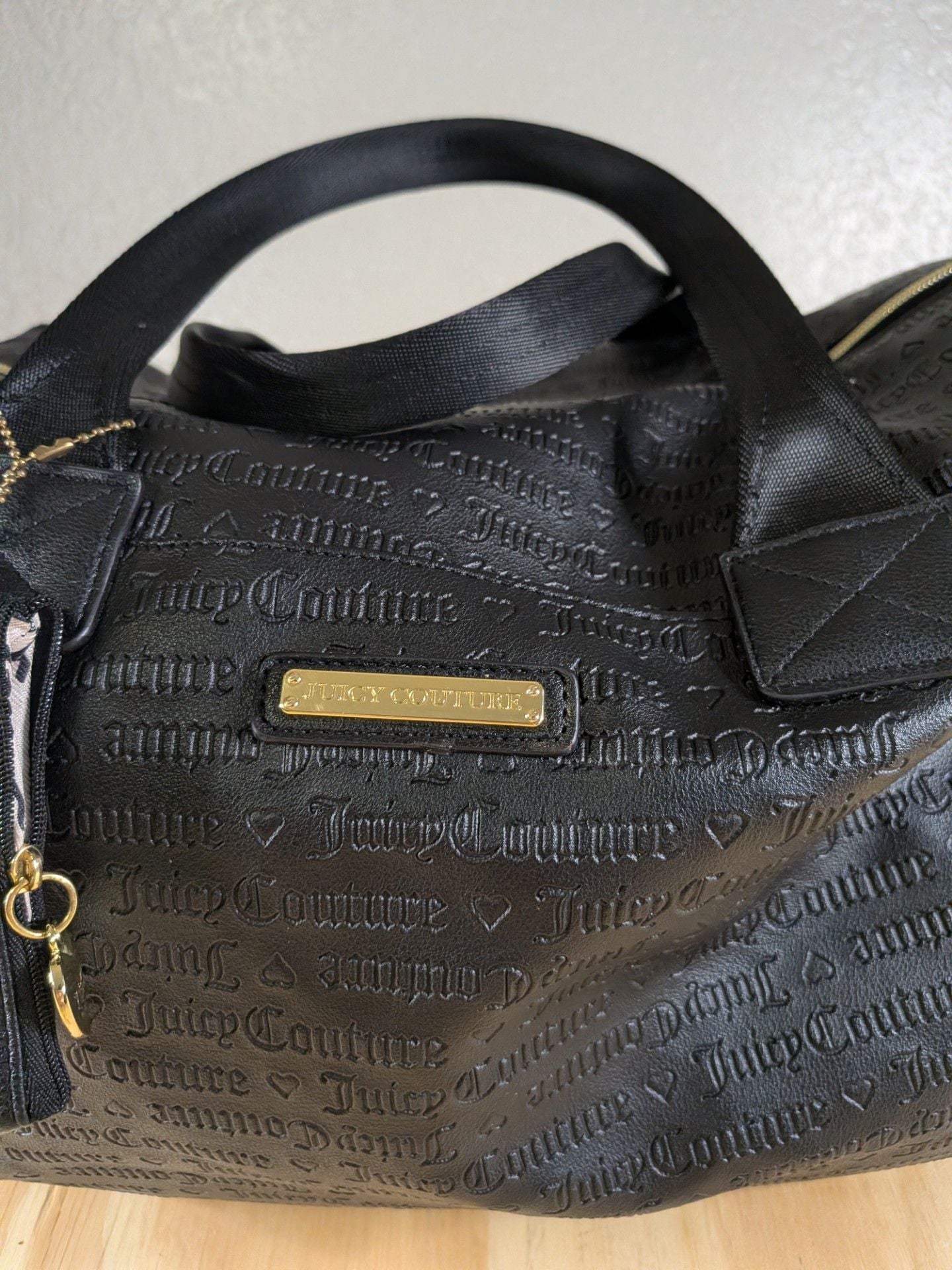 Juicy Couture Gothic Monogram Embossed Black Duffle Weekender Bag with Pouch 6