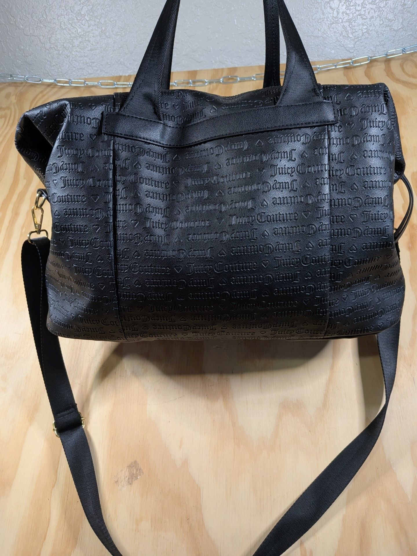 Juicy Couture Gothic Monogram Embossed Black Duffle Weekender Bag with Pouch 7