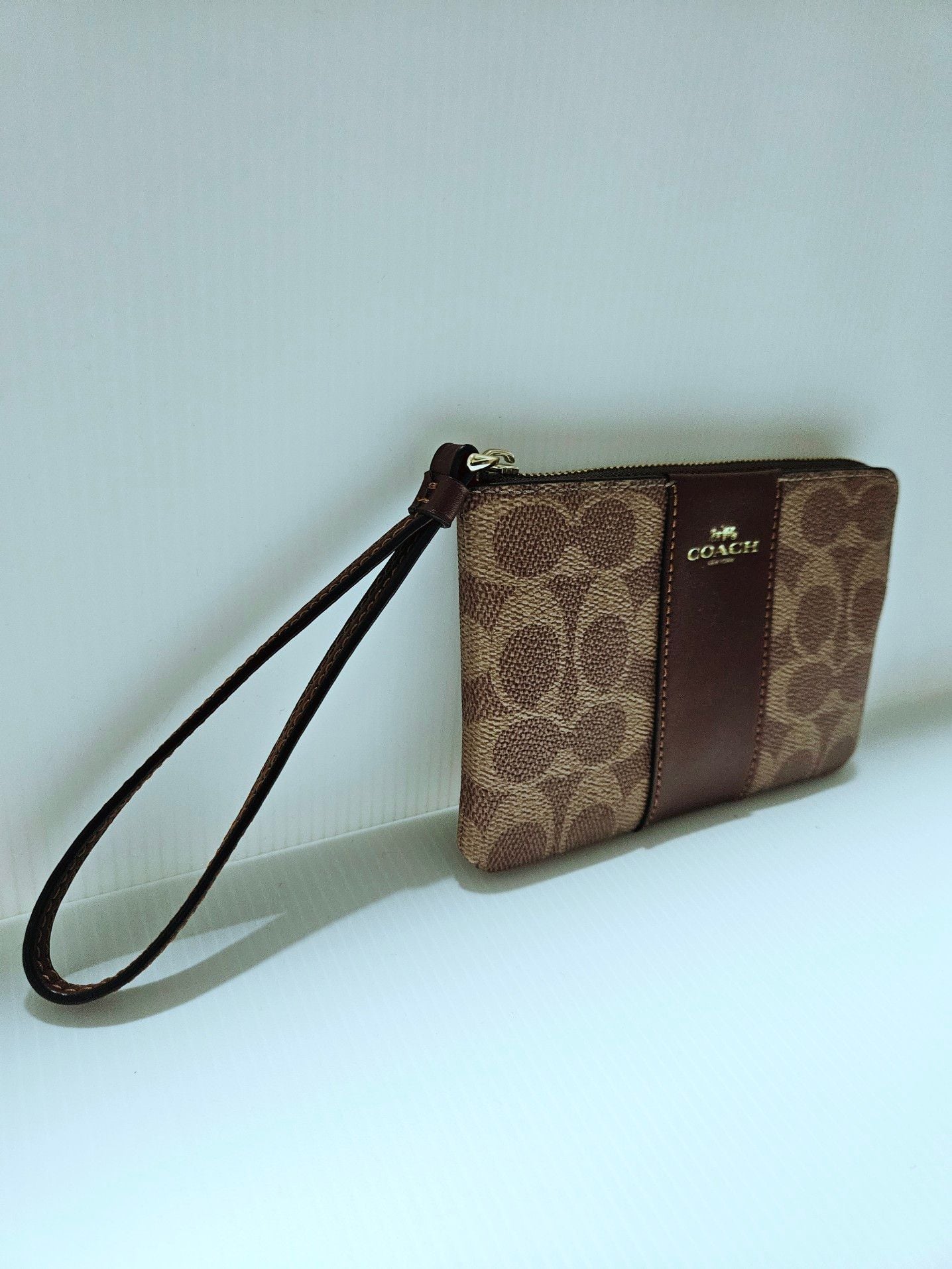 Coach Corner Zip Wristlet in Signature Canvas with Varsity Stripe 4