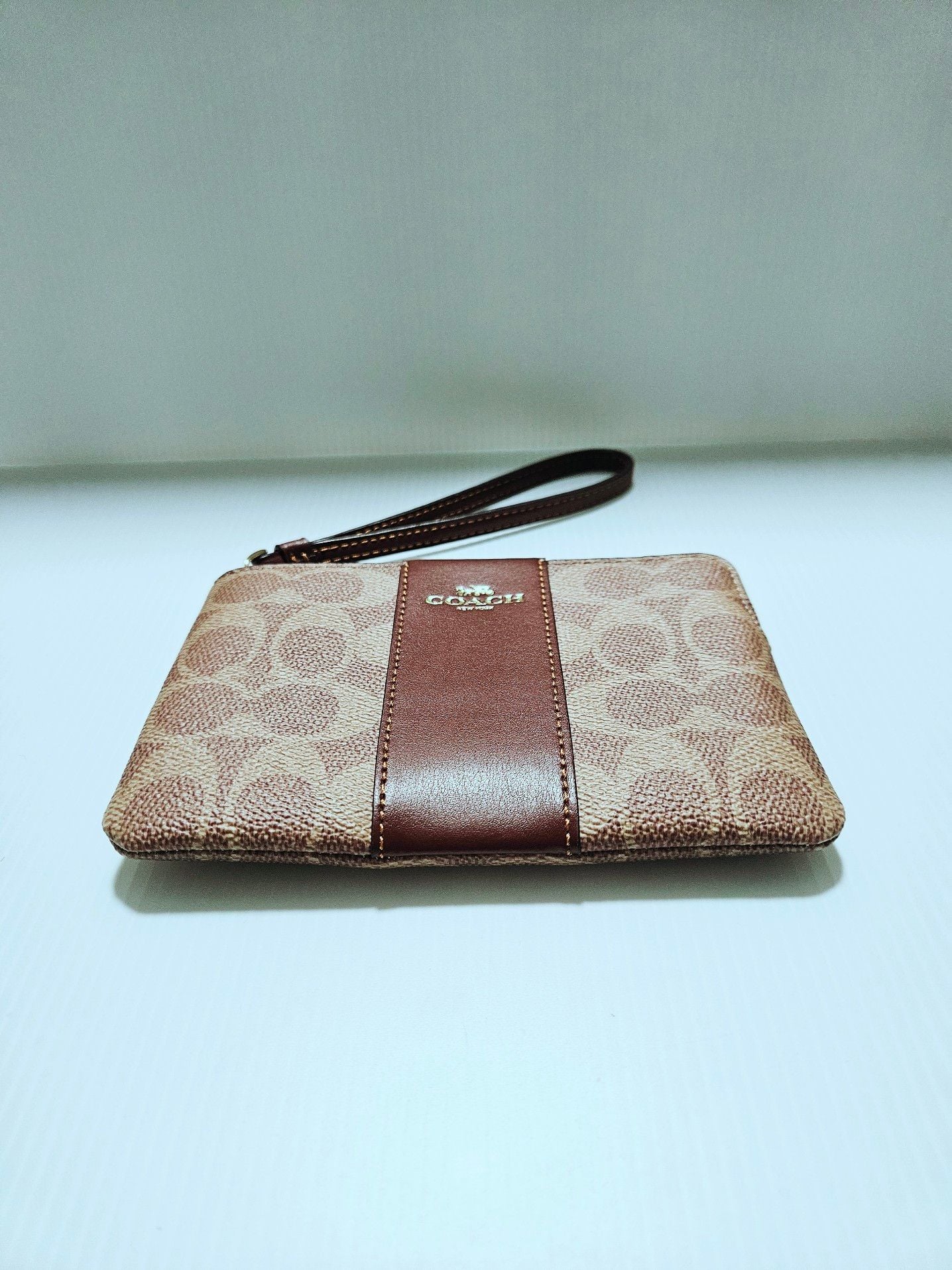 Coach Corner Zip Wristlet in Signature Canvas with Varsity Stripe 11