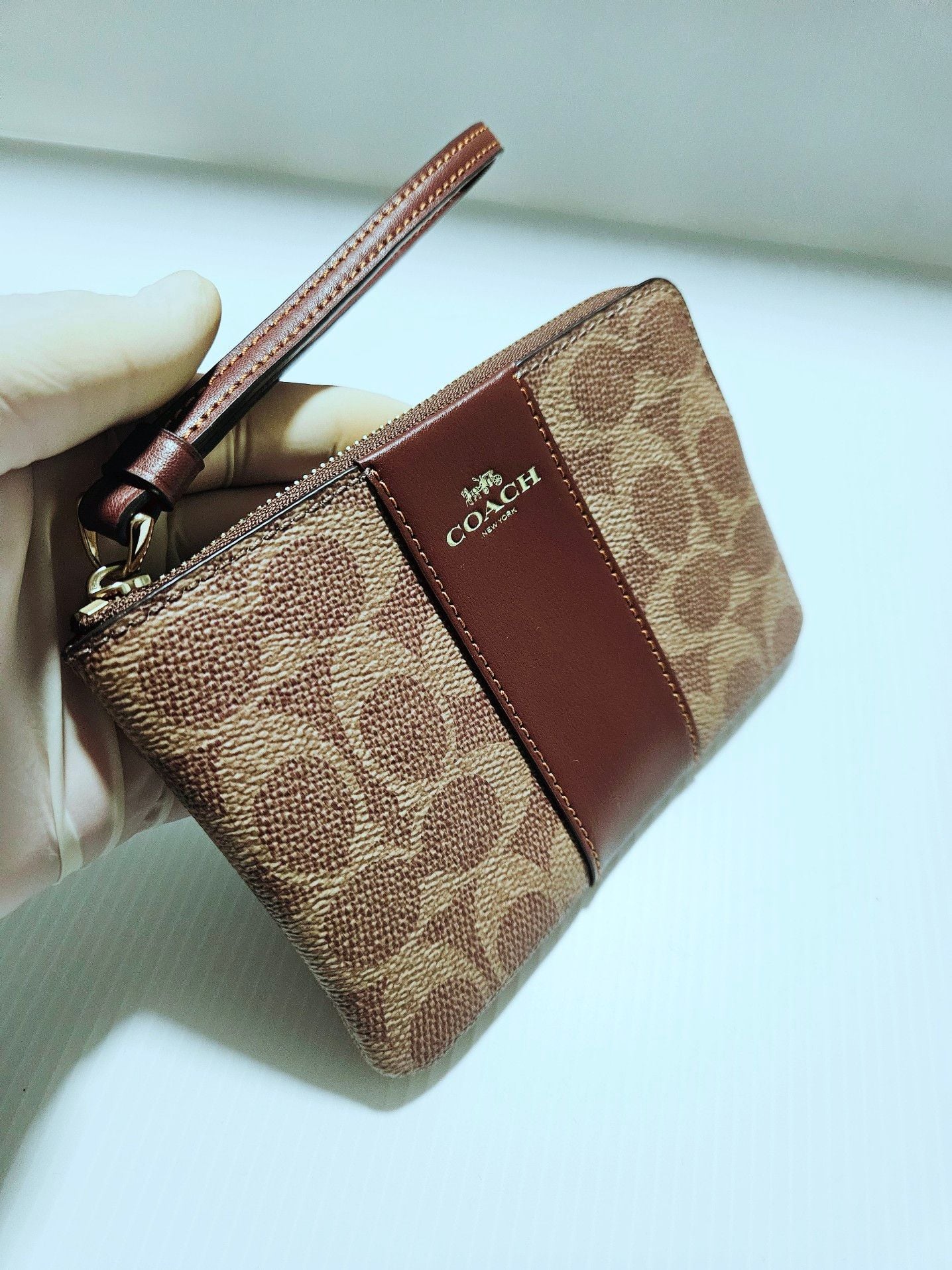 Coach Corner Zip Wristlet in Signature Canvas with Varsity Stripe 12
