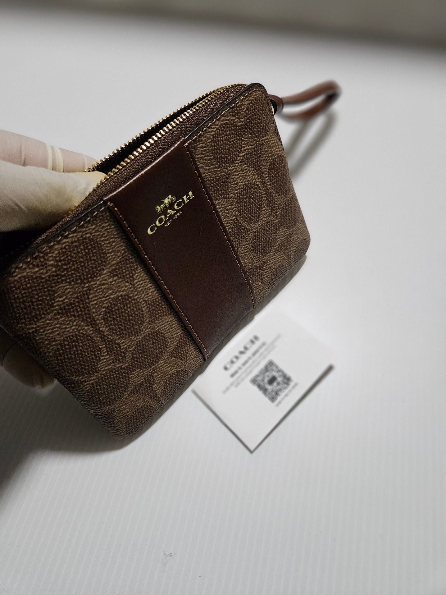 Coach Corner Zip Wristlet in Signature Canvas with Varsity Stripe 14