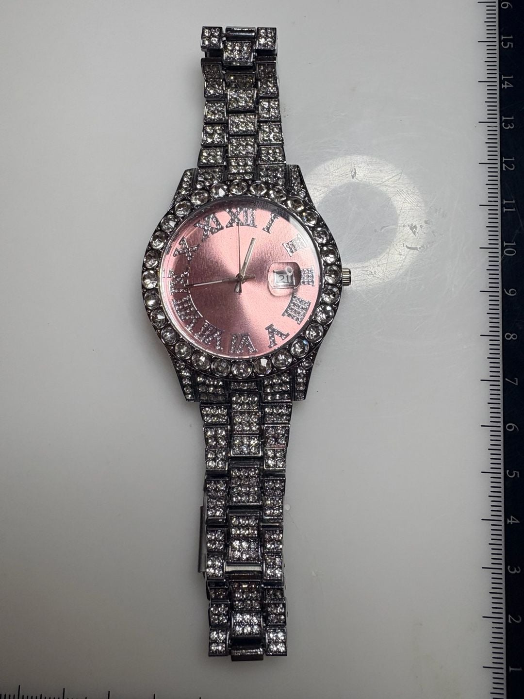 Techno Pave Iced Out Bling Pink Sunray Dial Roman Numeral Men's Watch 1