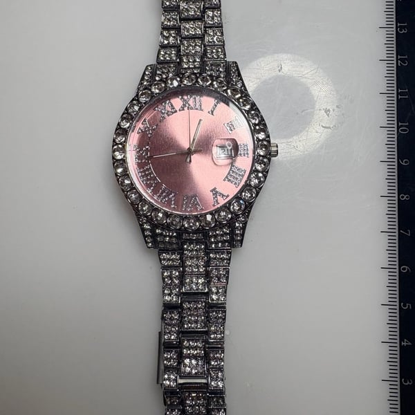 Techno Pave Iced Out Bling Pink Sunray Dial Roman Numeral Men's Watch