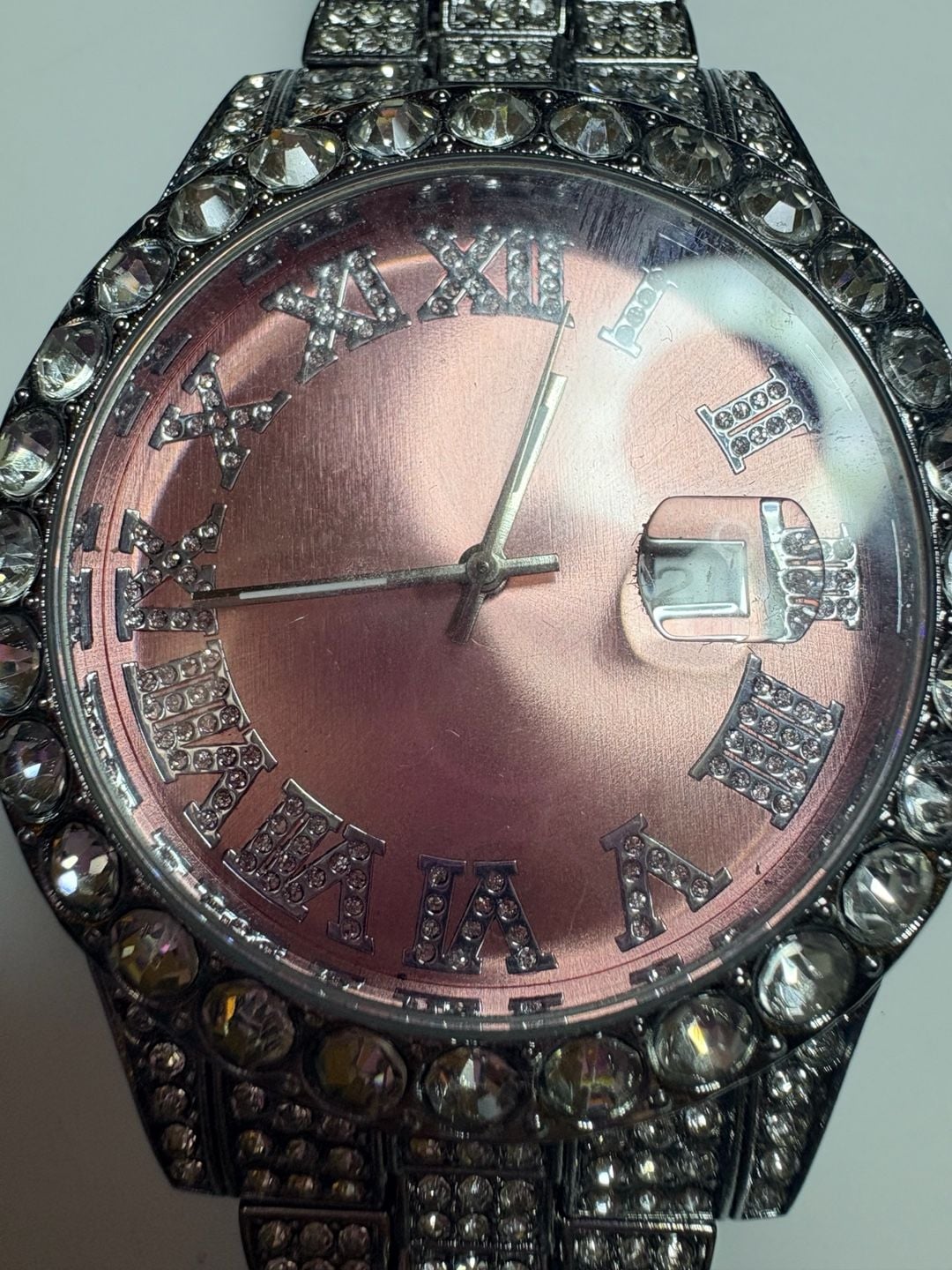Techno Pave Iced Out Bling Pink Sunray Dial Roman Numeral Men's Watch 2