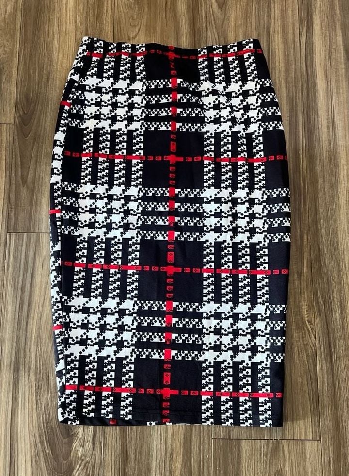 Shein Houndstooth & Plaid Print High Waisted Pencil Midi Skirt in Black/White/Red 2