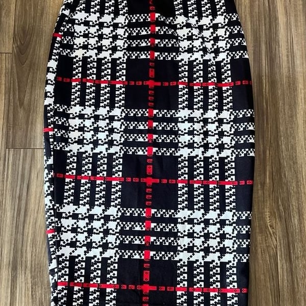 Shein Houndstooth & Plaid Print High Waisted Pencil Midi Skirt in Black/White/Red