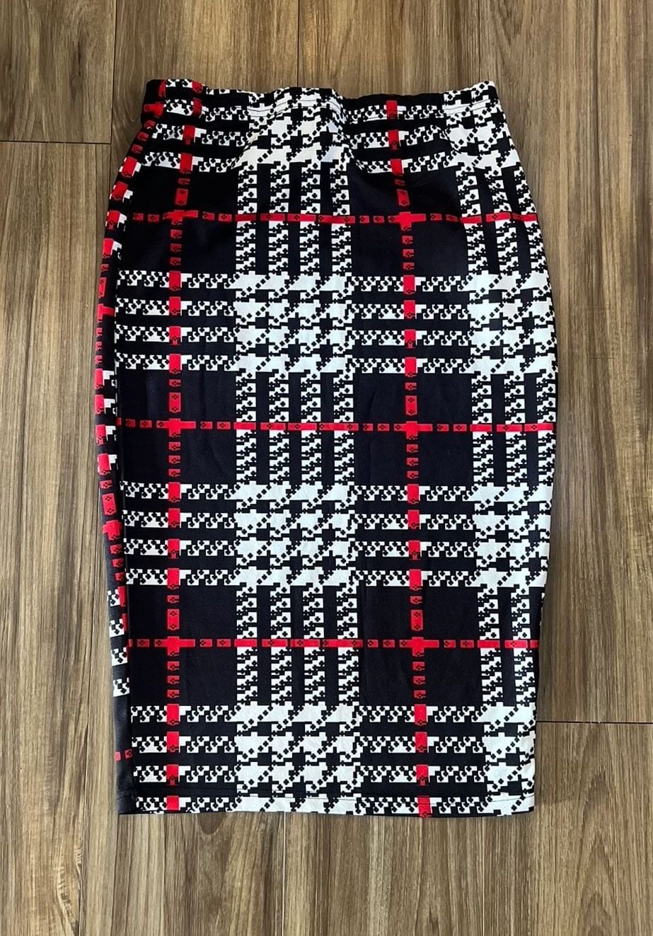 Shein Houndstooth & Plaid Print High Waisted Pencil Midi Skirt in Black/White/Red 3