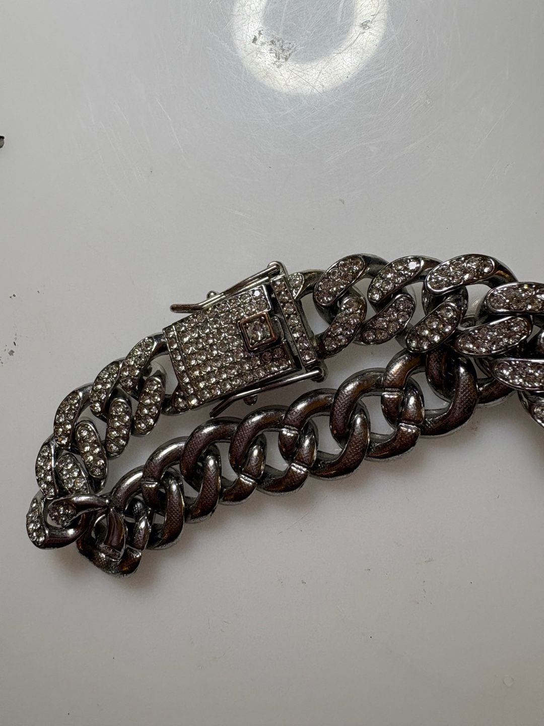 Silver Tone Iced Out Cuban Link Bracelet with Rhinestones 7