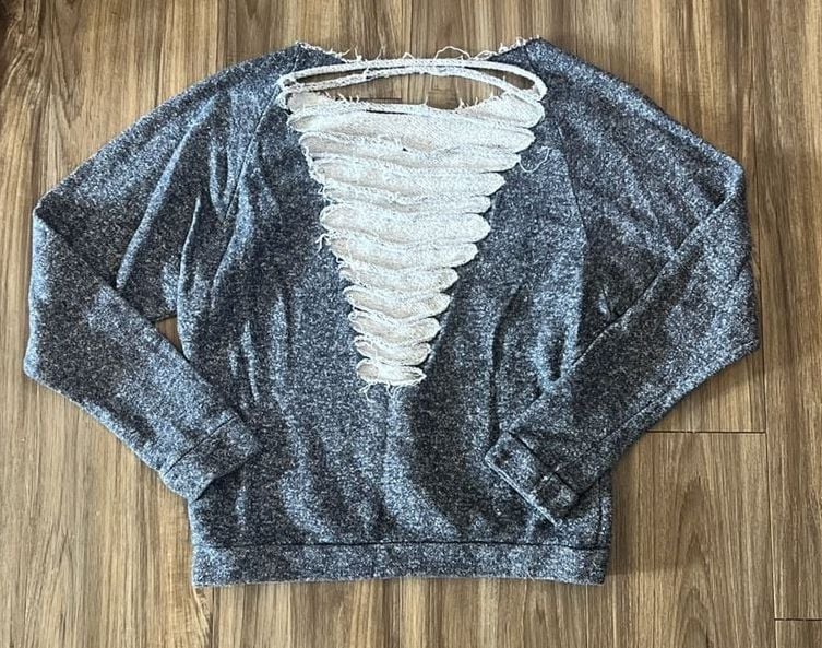 Charcoal Heather Distressed Cut-Out Back Long Sleeve Top 3