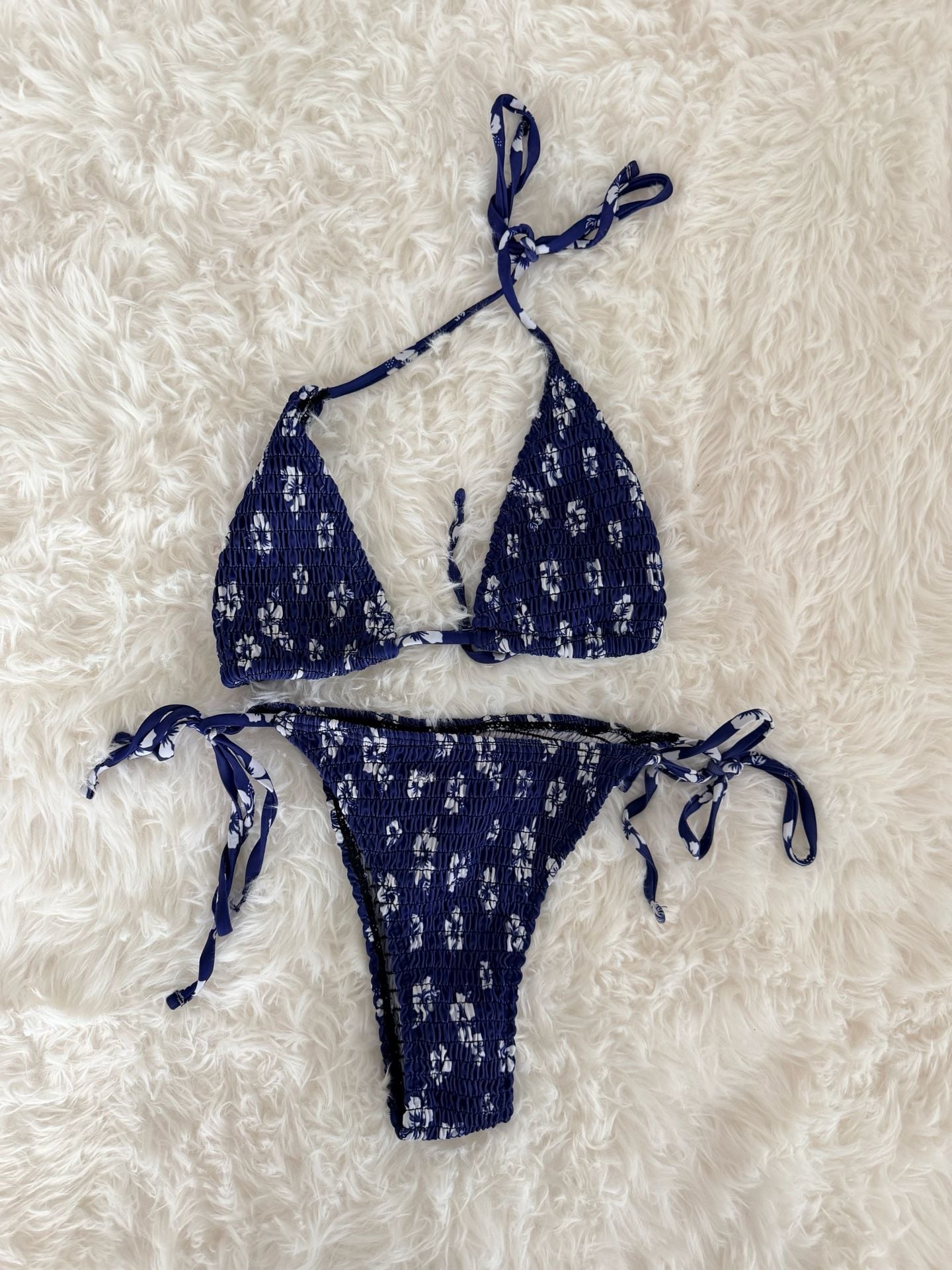 SHEIN Blue and White Floral Smocked Triangle Bikini Set 1