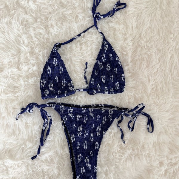 SHEIN Blue and White Floral Smocked Triangle Bikini Set