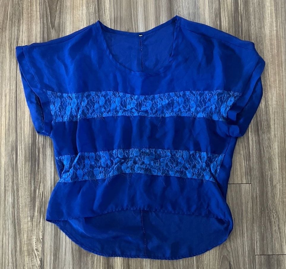 Royal Blue Lace Panelled Cap Sleeve Sheer Chiffon Top 2