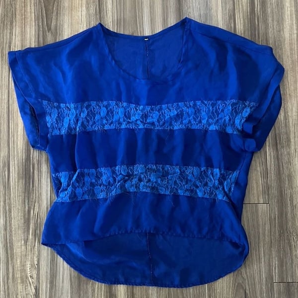 Royal Blue Lace Panelled Cap Sleeve Sheer Chiffon Top