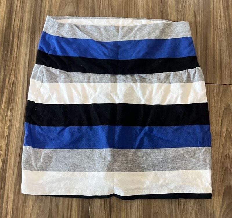 Blue Gray White and Black Striped Jersey Knit Mini Skirt 2