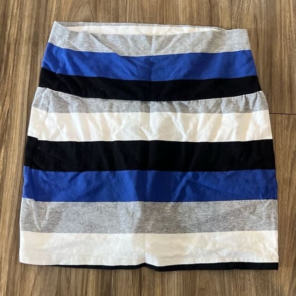 Blue Gray White and Black Striped Jersey Knit Mini Skirt