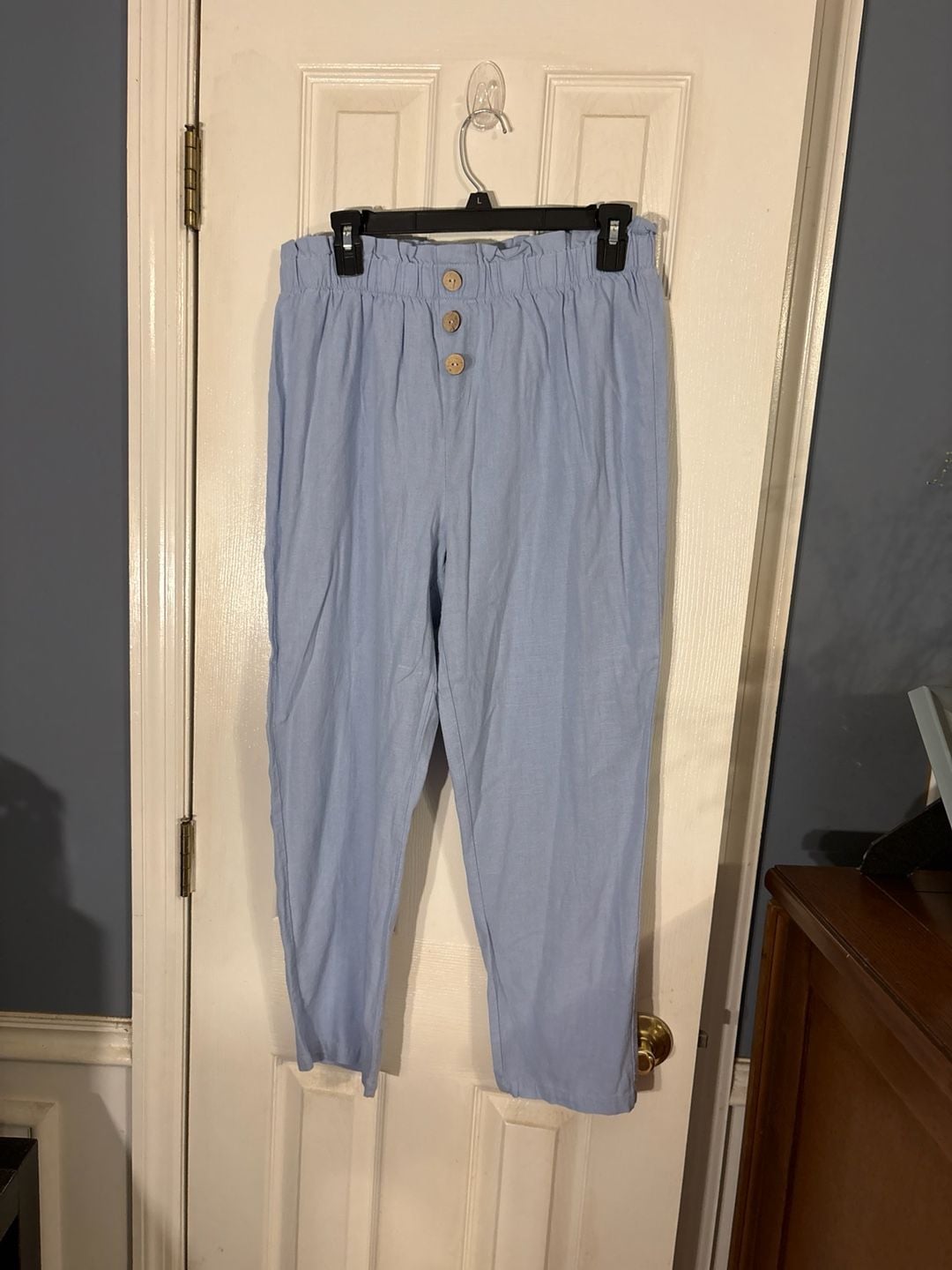 Como Vintage Paperbag Waist Linen Blend Button Fly Pants in Light Blue 2