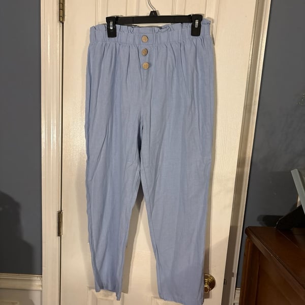 Como Vintage Paperbag Waist Linen Blend Button Fly Pants in Light Blue