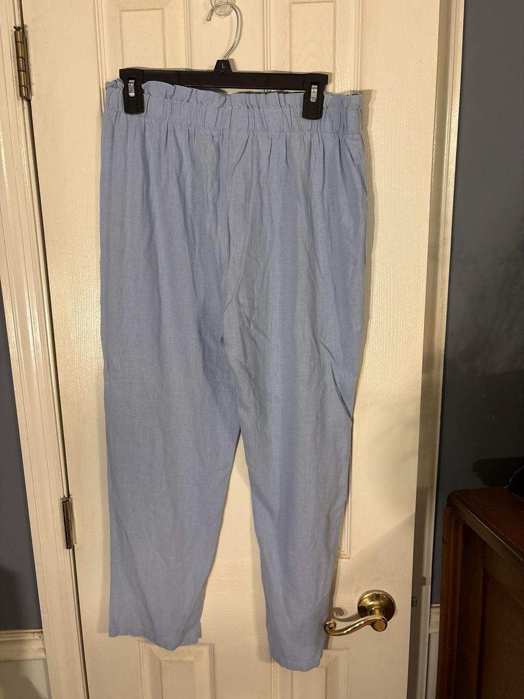 Como Vintage Paperbag Waist Linen Blend Button Fly Pants in Light Blue 3