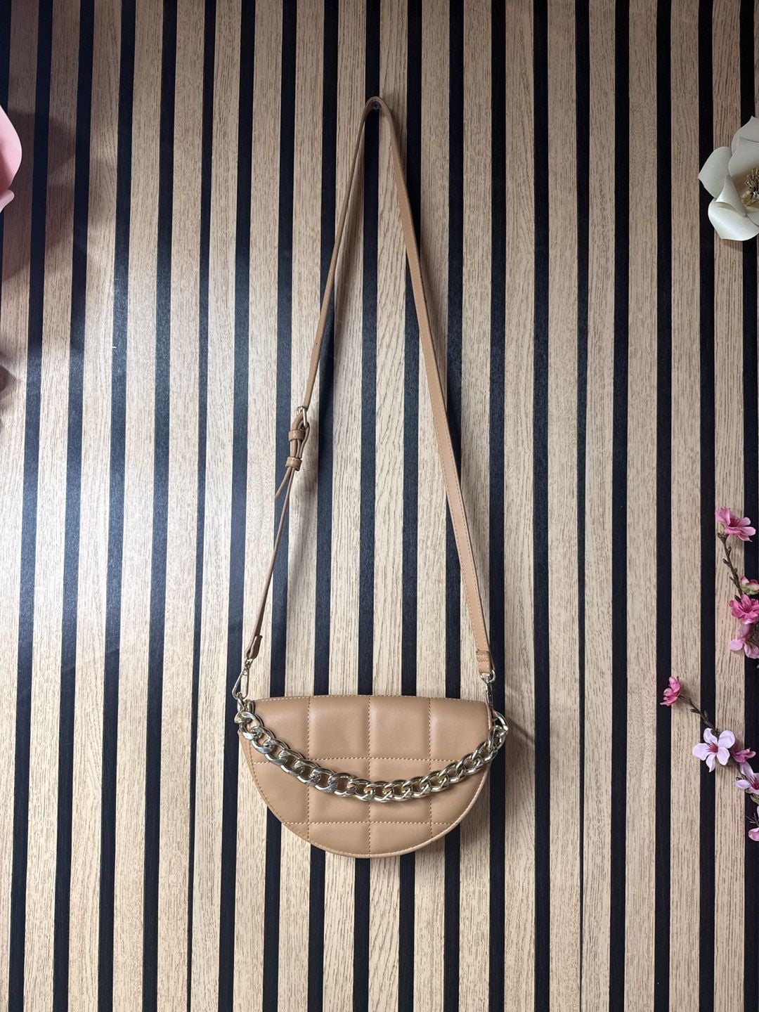 Tan Half Moon Quilted Crossbody Bag with Chunky Gold Chain Accent 2
