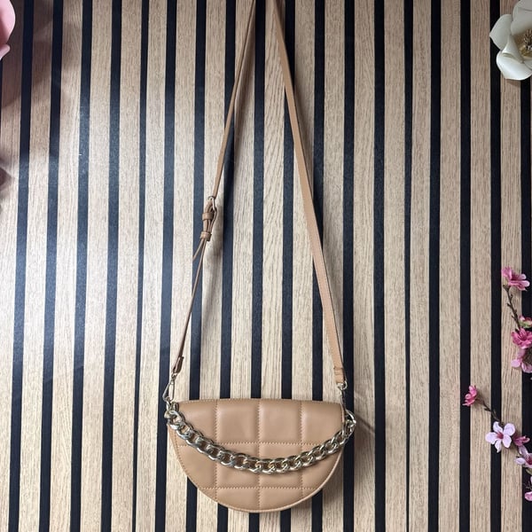 Tan Half Moon Quilted Crossbody Bag with Chunky Gold Chain Accent