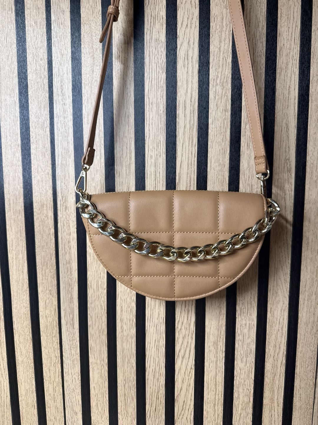 Tan Half Moon Quilted Crossbody Bag with Chunky Gold Chain Accent 3