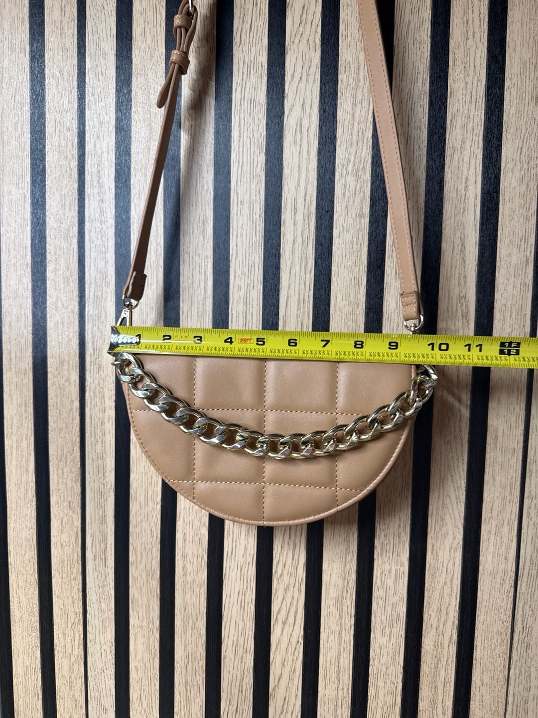 Tan Half Moon Quilted Crossbody Bag with Chunky Gold Chain Accent 4