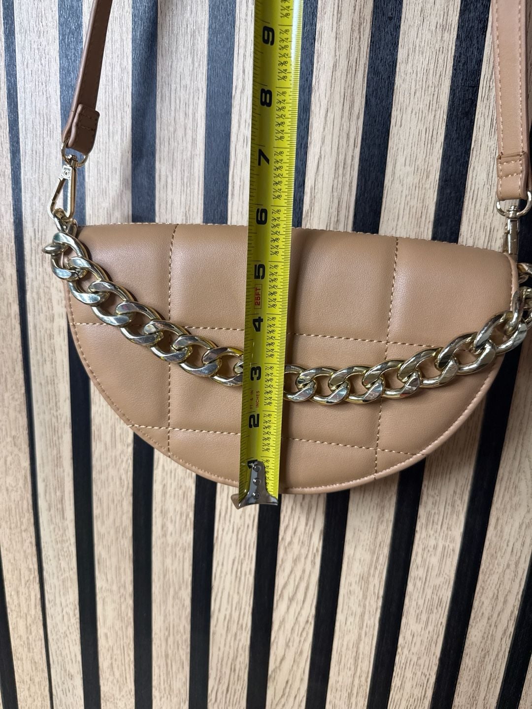 Tan Half Moon Quilted Crossbody Bag with Chunky Gold Chain Accent 5