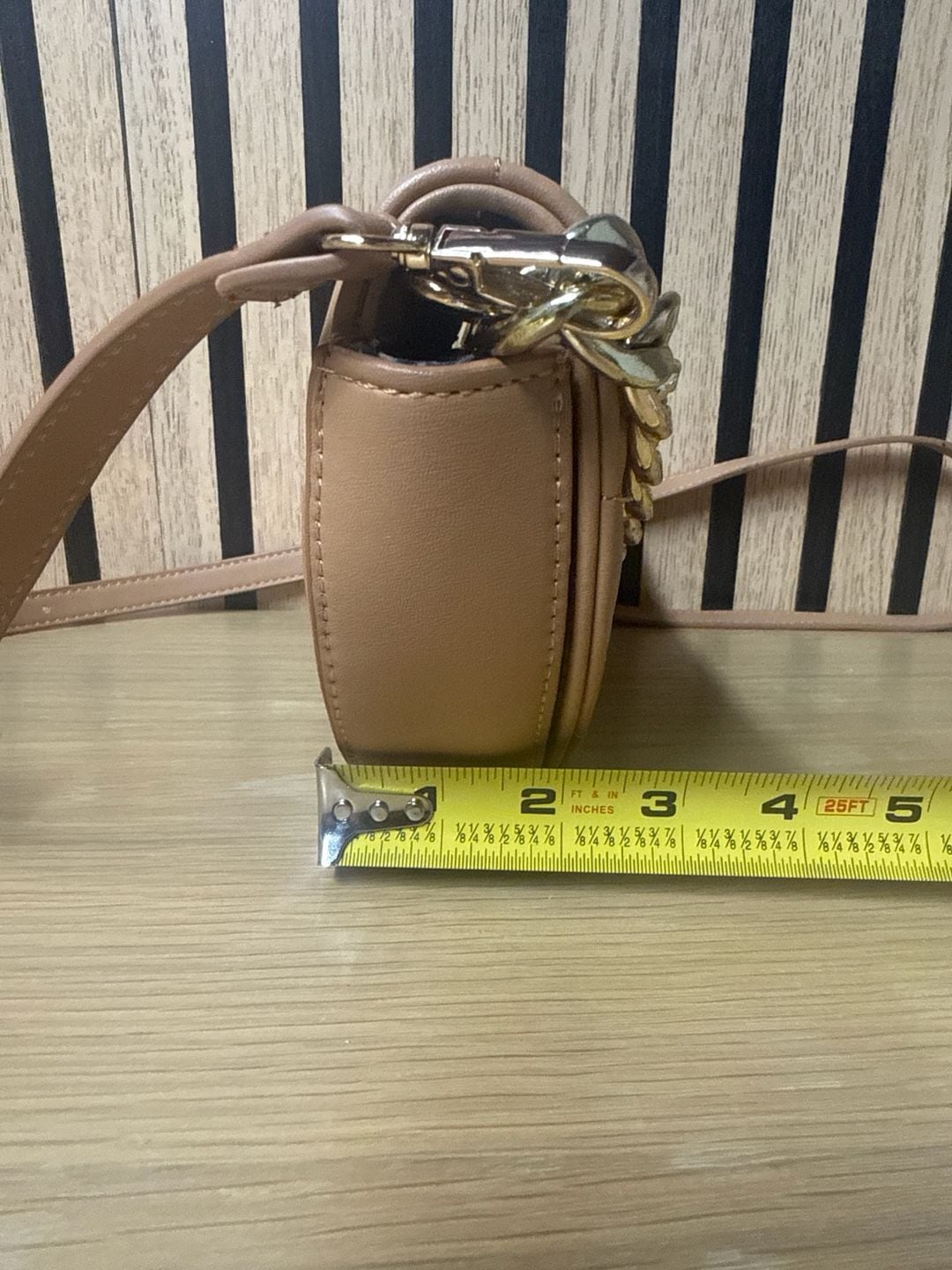 Tan Half Moon Quilted Crossbody Bag with Chunky Gold Chain Accent 6
