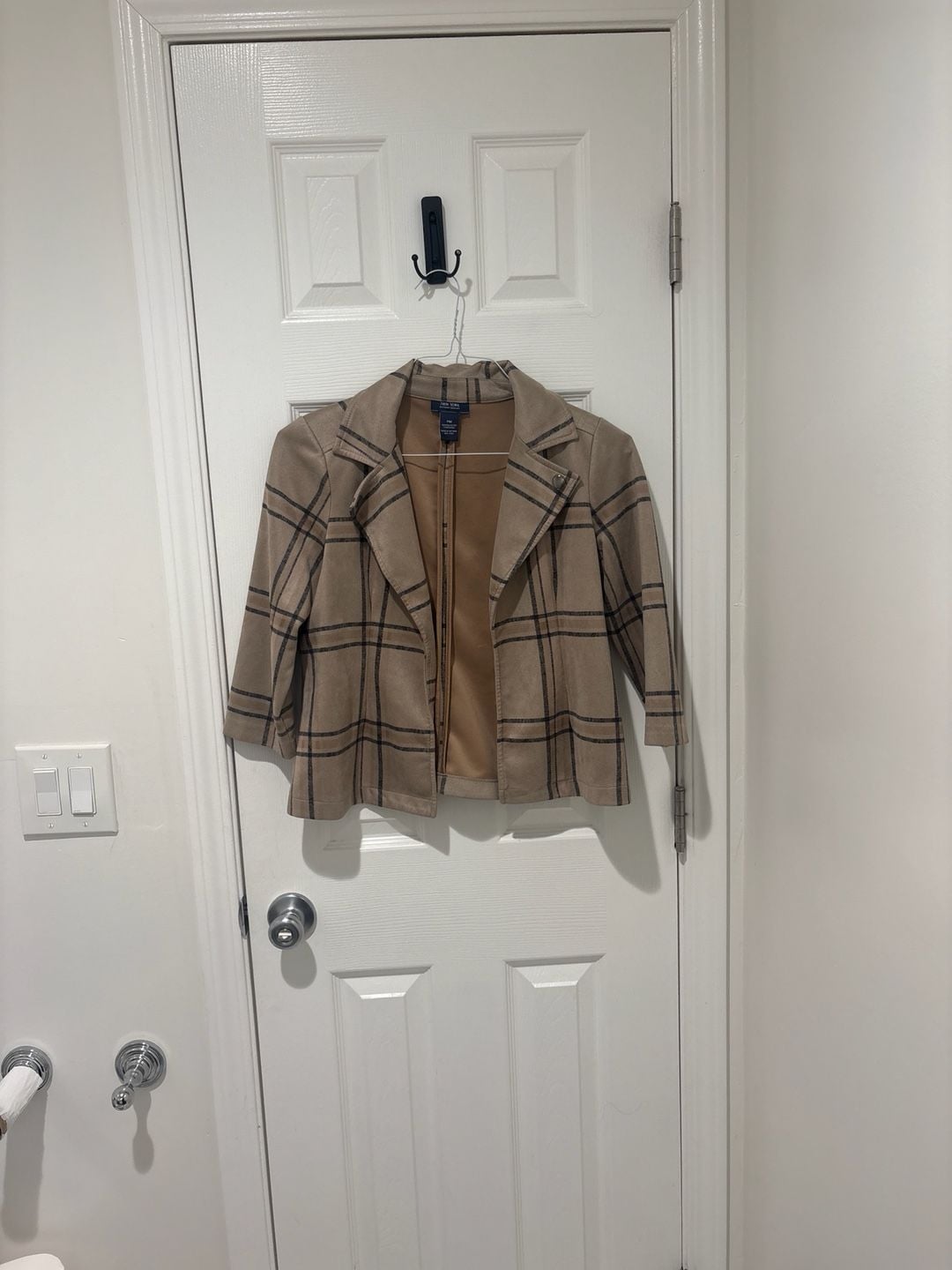 NY & CO Tan Plaid Open Front Three-Quarter Sleeve Blazer Jacket 1