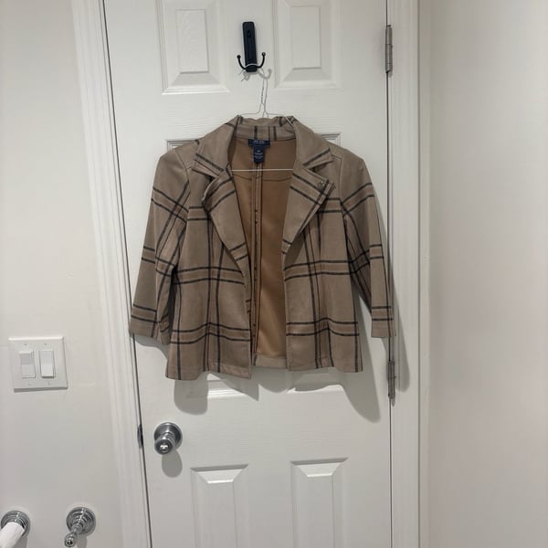 NY & CO Tan Plaid Open Front Three-Quarter Sleeve Blazer Jacket